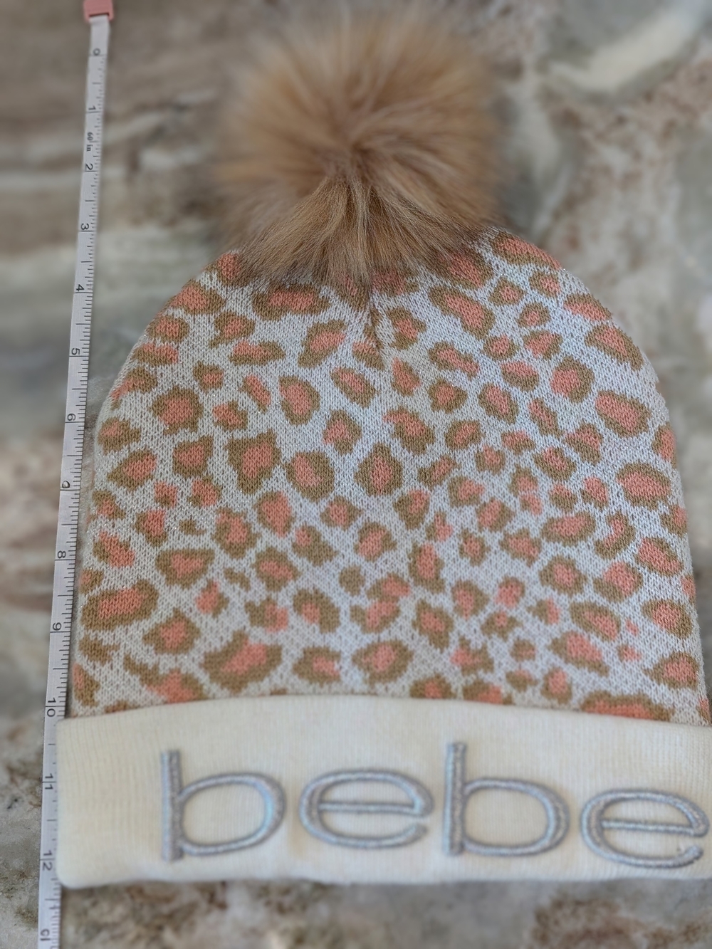 bebe Ladies Leopard Knit Hat & Scarf Set in Beige/Pink - Picture 15 of 16